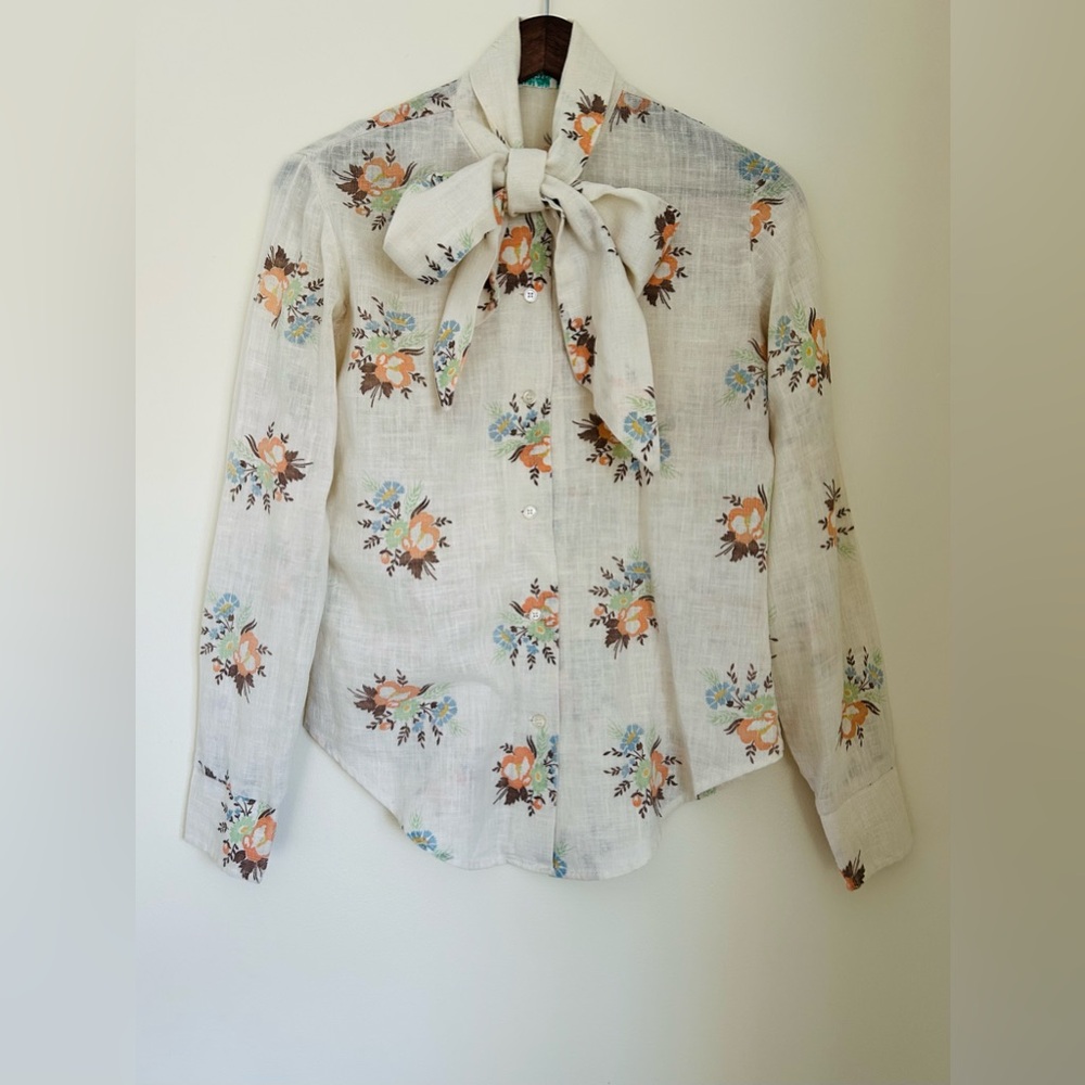 VINTAGE 70s Floral Tie Neck Blouse